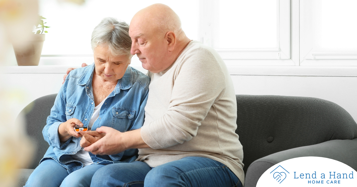 Chronic conditions like diabetes can be easier to manage when supported by others, as shown by this husband who is lovingly helping his wife take her blood sugar.