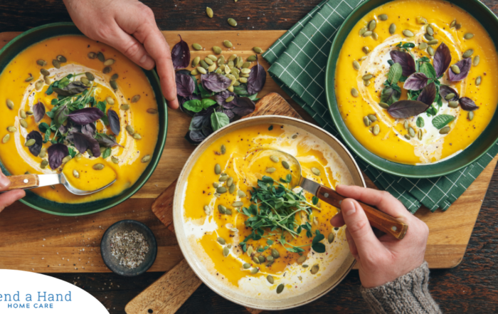 Pumpkin soup like the one in these bowls can be a great choice for a winter food for older adults.
